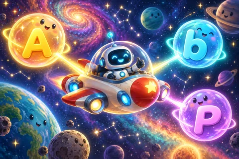 A friendly robot pilot flying a spaceship past smiling letter pods A, b and P