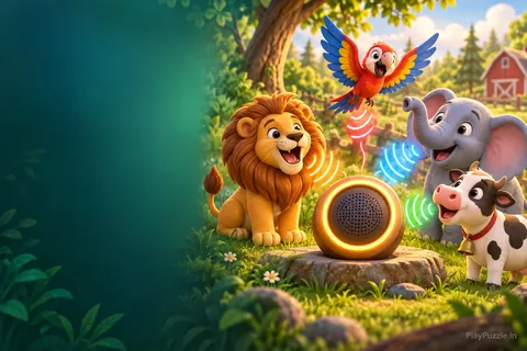 A lion, elephant, cow, and parrot matching colorful sound waves in a sunny clearing