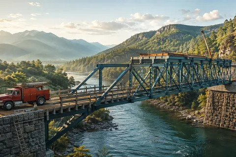 A colourful cartoon truss bridge over a river with a truck crossing it, its beams glowing red where they are pulled and blue where they are squashed