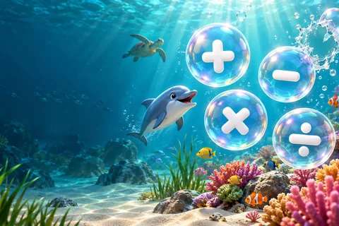 Colorful answer bubbles floating through a playful mental-math challenge