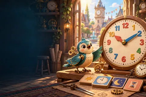 A friendly interactive clock in a colorful time-learning adventure
