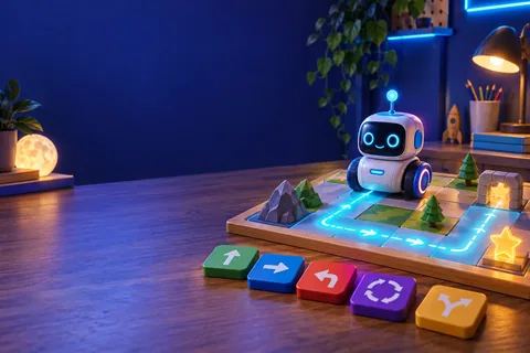 A friendly coding robot following a glowing command path through a tabletop adventure