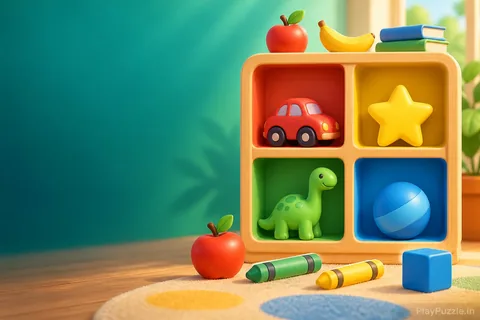 A wooden play shelf with colorful toys sorted into matching red, yellow, green, and blue cubbies