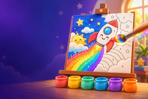 A magical colour-by-number rocket picture coming to life beside bright paint pots