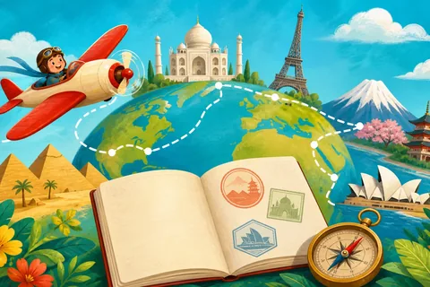 A cheerful plane flying around a globe with the Taj Mahal, Eiffel Tower, Mount Fuji, pyramids, Sydney Opera House, and an explorer passport