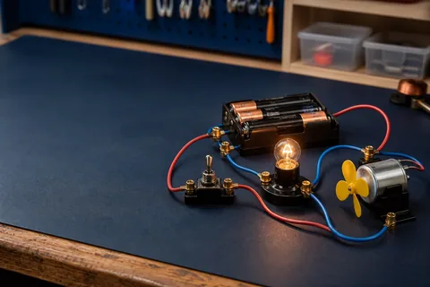 A bright science bench with a battery, glowing bulb, switch and spinning fan joined by wires
