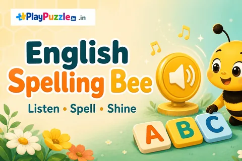 A cheerful spelling-bee challenge with letter tiles, stars, and a friendly learning scene