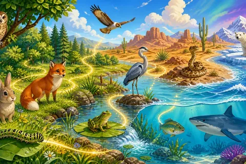 Animals and plants connected across a colorful habitat to show how a food chain works