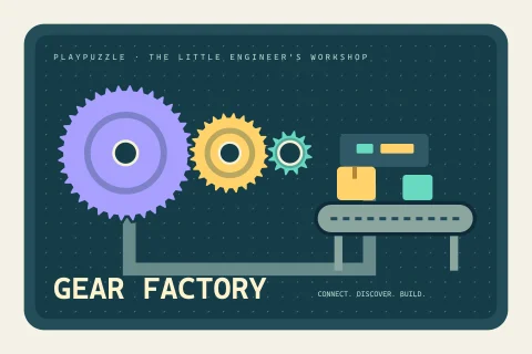 Mint, golden and violet gears powering a miniature conveyor in the Gear Factory workshop