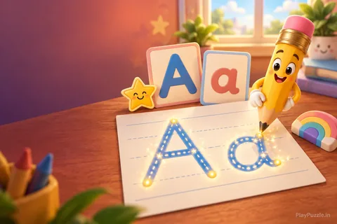 A friendly pencil mascot guiding glowing letter strokes on a sunny learning desk