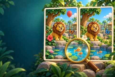 Two jungle picture cards with playful differences revealed by a magnifying glass