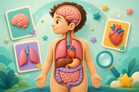 Friendly illustrated human body model with colorful organs, stars and discovery cards