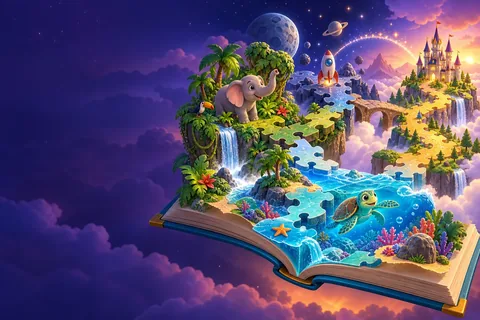 A colorful gallery of picture puzzles with loose jigsaw pieces ready to be assembled