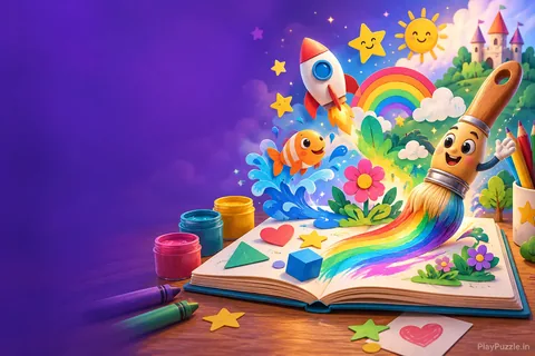 A cheerful paintbrush brings a colorful rocket, rainbow, fish, and flowers to life