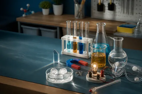 A realistic school science bench with beakers, test tubes, a prism, magnet, ice, safety goggles and a low-voltage lamp