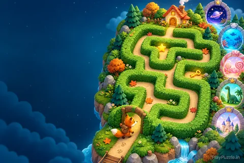 A friendly fox entering a lush storybook maze with magical themed worlds