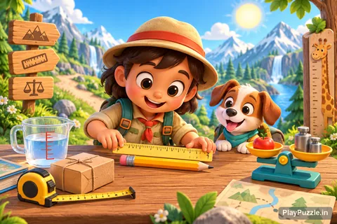 A child explorer measuring a pencil beside a tape measure, balance scale, measuring jug, and parcel