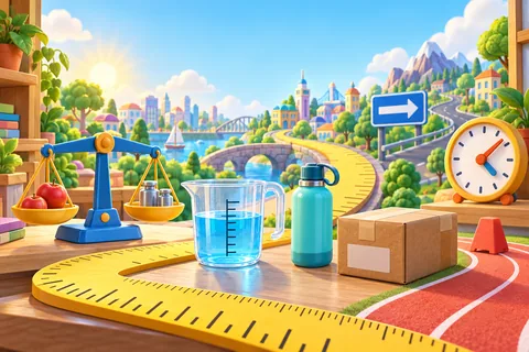 A colorful measurement workshop with a ruler path, balance scale, measuring jug, bottle, parcel, road and clock