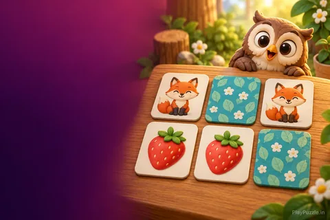 Friendly fox and strawberry memory-card pairs on a wooden table with an owl guide