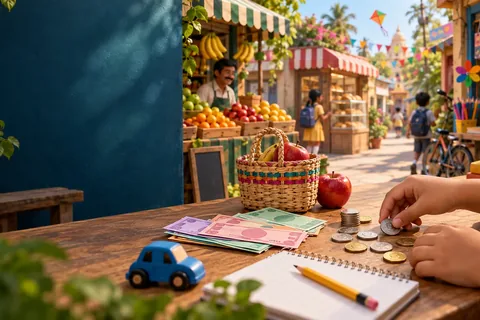 A colorful Indian market adventure for learning coins, notes, prices, and change