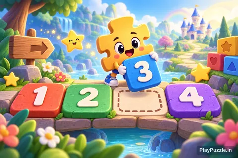 A friendly puzzle-piece mascot arranging colorful number tiles in order with one missing space to solve