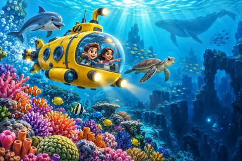 A cheerful yellow research submarine exploring a colorful coral reef with a dolphin, sea turtle, whale, fish schools, and mysterious deep-ocean life
