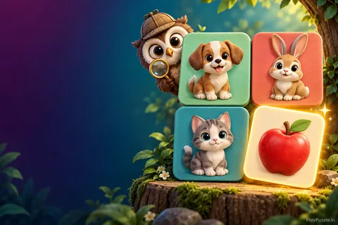 Three friendly animal picture cards and one glowing apple card with an owl detective