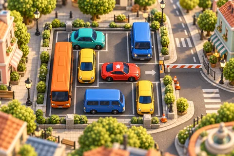 A miniature city parking lot with colorful toy cars, a red star car, trees and a striped exit barrier