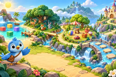 A colorful phonics adventure island with a lagoon, forest, picture park, blend bridge, word castle and a friendly bluebird guide