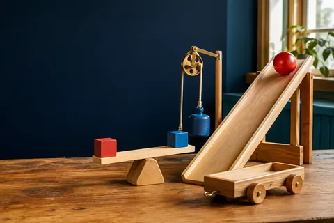 A realistic tabletop physics workshop with a ramp, lever, pulley and wheeled cart