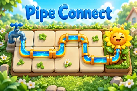Bright cartoon pipes carrying water from a blue tap to a sunflower across a puzzle board