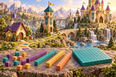 A handcrafted number kingdom with a ones cottage, tens tower, hundreds castle, and wooden base-ten cubes, rods, and hundred flat