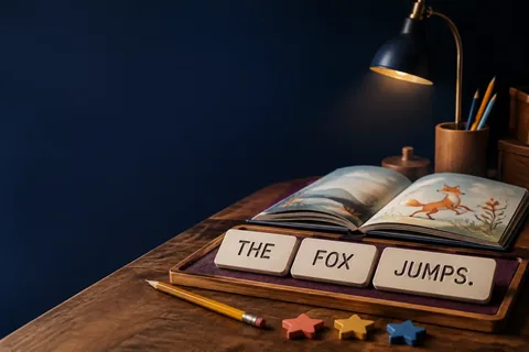 Colorful word cards being arranged into a complete sentence on a warm story desk