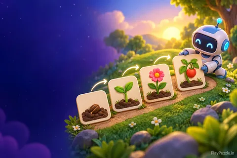 A friendly robot arranging seed, sprout, flower, and fruit cards into the correct sequence