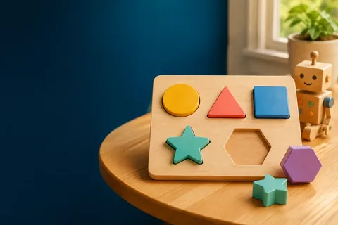 Colorful geometric pieces arranged for a child-friendly shape matching activity