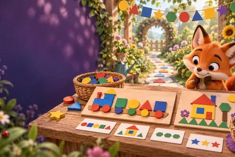 A playful learning world filled with colorful shapes, repeating patterns, and matching activities