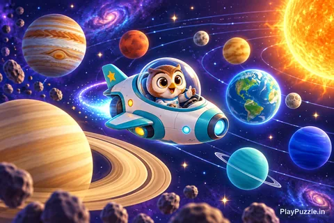 A cheerful spaceship flying past colorful planets in the Solar System