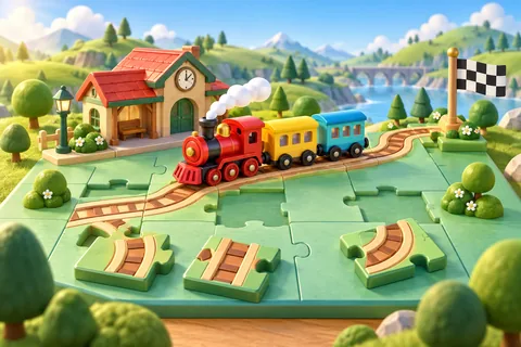 A red toy steam train rides a joined-up railway from a station to a chequered flag on a puzzle board