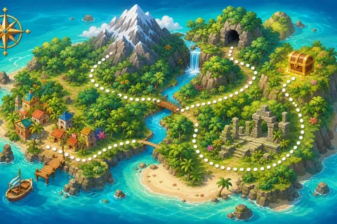A colorful illustrated treasure island with a village, mountain, river, bridge, cave, ruins and glowing treasure chest