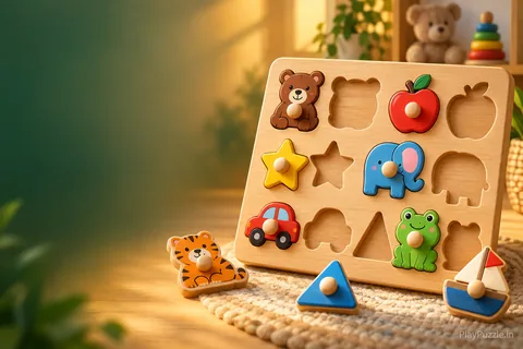 A tactile wooden peg board with friendly animal, fruit, shape and vehicle pieces