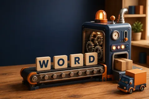 A bright cartoon factory with letter tiles riding a conveyor belt into a packing machine and a delivery truck