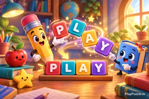 A pencil and book mascot rearranging colorful letter tiles to spell the word PLAY