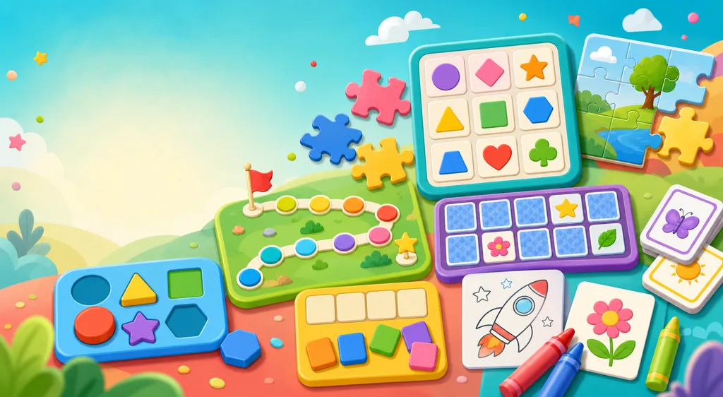 Colorful collage of puzzle boards, cards, shapes, and word tiles for kids games