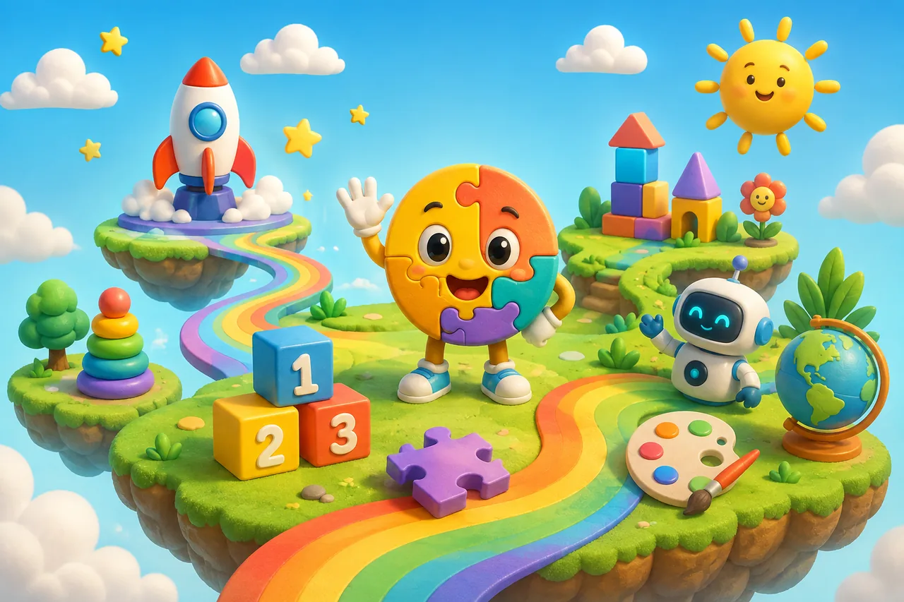 A cheerful puzzle mascot on a colorful game island with number blocks, a rocket, a robot, a globe, and an art palette