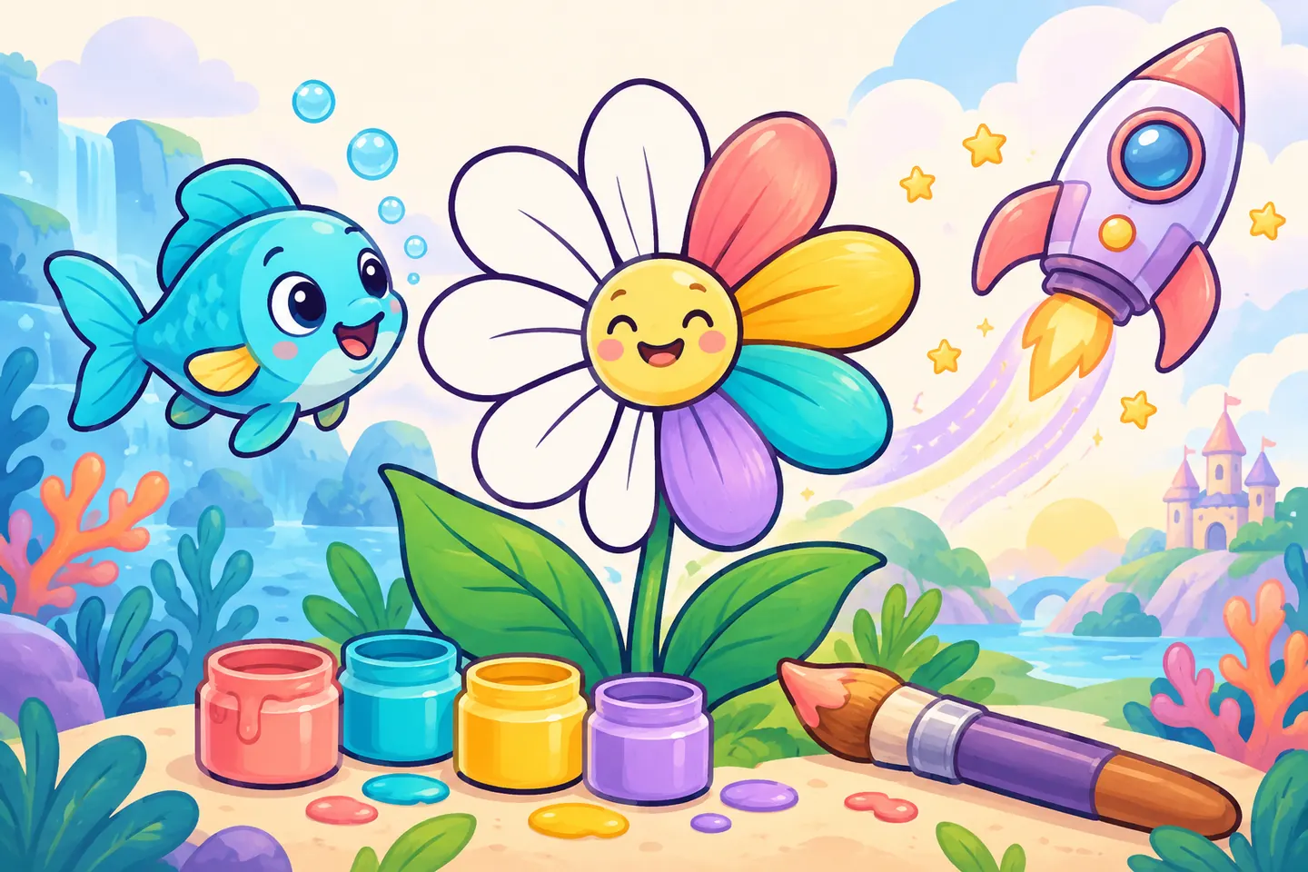 A magical flower, fish and rocket brought to life with color